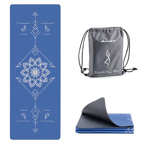 Avoalre Yoga Mat Foldable - Textured Non Slip Exercise Mat -Travel Lightweight Hot Yoga Mat with Carry Bag for Pilates & Home Workouts (72"L x 24"W x 3mm Thick) - color: Blue