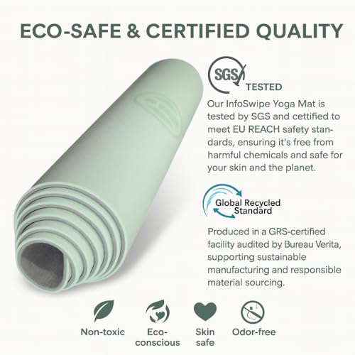 Premium TPE Yoga Mat 6mm Info Swipe – Eco-Friendly Non-Slip, Odor-Free, Lightweight & Durable | SGS Tested, REACH Compliant, GRS Certified | 72"x24" with Carrying Strap - color: Light Green