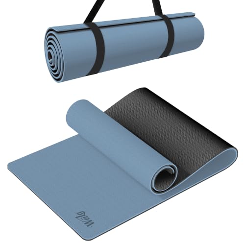 Non-slip TPE Yoga Mat for Women & Men,72"x24" Double-Sided Workout Mat for Home Gym Pilates Fitness,1/4 Inch Packable Lightweight Exercise Mat with Strap for Travel,Non Toxic Exercise Floor Mat - color: Blue gray+Black