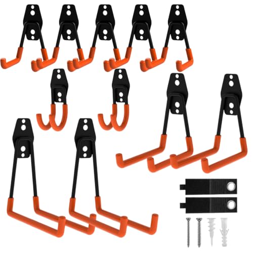 Garage Hooks, 12 Pack Wall Hooks for Hanging Heavy Duty Ladders, Bikes, Tools Ideal for Garage, Garden, Basement Utility Room Storage (Orange) - color: Orange, size: Set-12PCS