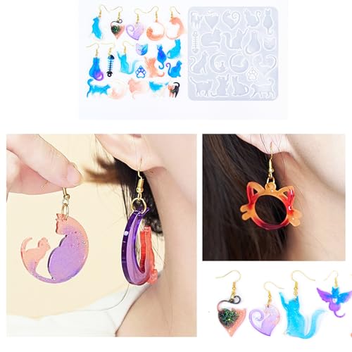 4 Piece Resin Earring Molds ， 60 Unique Shapes UV Cat Resin Molds with Holes Ideal for DIY Silicone Earrings Necklaces Jewelry and Animal Designs Creative Art Gifts - color: Cat