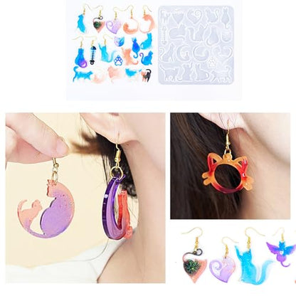4 Piece Resin Earring Molds ， 60 Unique Shapes UV Cat Resin Molds with Holes Ideal for DIY Silicone Earrings Necklaces Jewelry and Animal Designs Creative Art Gifts - color: Cat