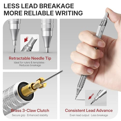 WUO Mechanical Pencil Set, 5 Pack Drafting Pencils 0.5/0.7/0.9/2.0/2.0mm | Mechanical drawing pencils, 432 lead refills, erasers/sharpeners for drafting, technical drawing, sketching, writing & art - color: Silver, size: 0.5/0.7/0.9/2.0