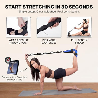 DMoose Fitness Foot & Calf Stretcher with Adjustable Padded Stretching Strap for Plantar Fasciitis, Hamstring, Heel Spurs and Achilles Tendonitis Relief - Yoga Leg Stretch Strap for Flexibility - color: Blue