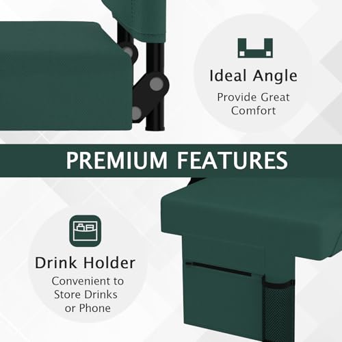2pcs Stadium Seat for Bleachers with Back Support，Portable Bleacher Chairs with Back and Cushion，Includes Shoulder Strap and Cup Holder - color: Green,2 Pack