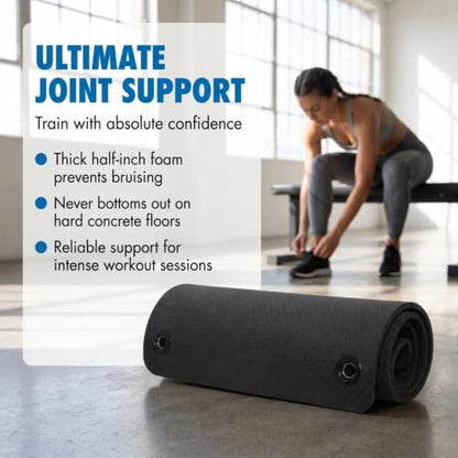 Fitness First Hanging Exercise Mat with Thick 1/2 Inch Foam | Large 71 by 24 inch black pad featuring a textured diamond pattern and two-hole design for easy commercial or home storage