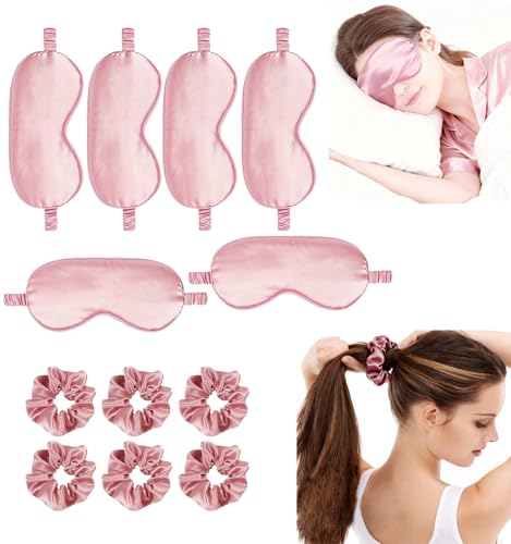 12Pcs Silk Sleep Masks Satin Eye Mask Silky Eyes Cover Blindfold Eyeshade Hair Ties Scrunchy Travel Bridesmaids Gifts - color: Pale Rose