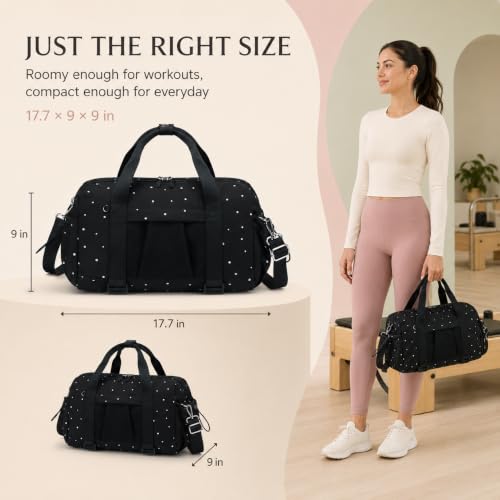 Small Mini Gym Bag for Women, Compact Duffle Overnight Bag - color: Black with Dot