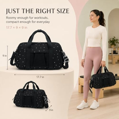 Small Mini Gym Bag for Women, Compact Duffle Overnight Bag - color: Black with Dot