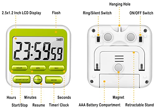 4-in-1 Digital Timer with Count Up/Down, Clock & Alarm, Ring & Silent Modes - color: Green