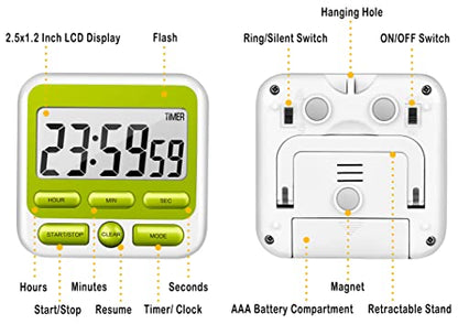 4-in-1 Digital Timer with Count Up/Down, Clock & Alarm, Ring & Silent Modes - color: Green