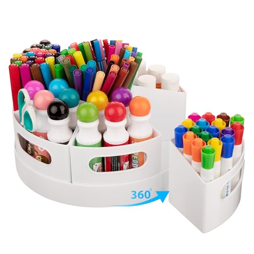 CraftGenes Art Supply Organizer, Extra Large 360 Degree Rotating Desk Organizer with 7 Removable Compartments, Marker Organizer and Craft Caddy for Kids, Teachers, Classroom, Home Office, White - color: White