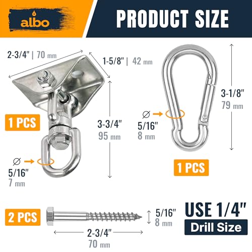 Albo Heavy Duty Ceiling Swing Mount Bracket with 360° Swivel & Locking Carabiner, 2650 LBS, Hammock Chair, Porch Swing, Yoga Swing, Punching Bag Ceiling Hanger, Wood Beam & Concrete Hardware Kit - color: Silver, size: 1 Piece