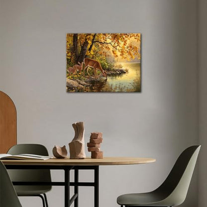TUMOVO Paint by Numbers Kit for Adults, Adult Paint by Number Kits - Lake Deer Scene, Herd of Deer Drinking at Lake Shore Nature Landscape on Canvas, Relaxing DIY Project, 16x20 Inch(Framed) - color: Deer(Framed)