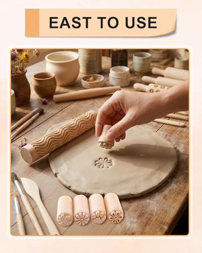 6" Wooden Clay Texture Roller Set with Stamp Rollers & Rib Tools, 11PCS | Crafted From Premium Beech Wood For Polymer Clay, Pottery, Ceramic Crafts With Deep Geometric & Floral Patterns - size: 5+4+2