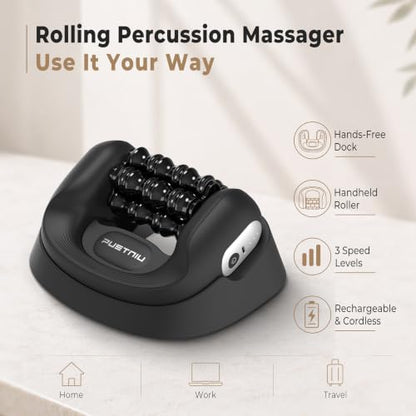 Rolling Percussion Massager with Hands-Free Dock | Electric Muscle Roller • Fitness Recovery • For Feet, Calves, Forearms, Back, Shoulders, Arms & Legs • 3 Speeds • Cordless