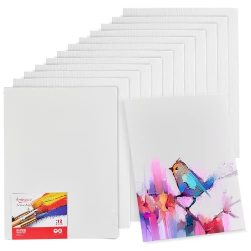 Artlicious Canvases for Painting - Pack of 12, 12 x 16 Inch Blank White Canvas Boards - 100% Cotton Art Panels for Oil, Acrylic & Watercolor Paint - size: 12x16" - 12Pcs