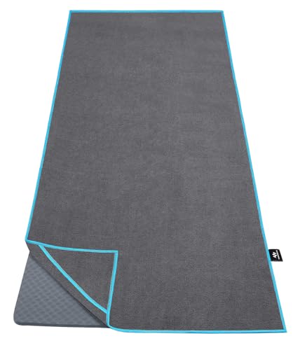 Ewedoos Yoga Towel Mat Towel with Anchor Fit Corners Non Slip Towel for Hot Yoga, Pilates, Workout, Camping - color: Gray / Blue Trim