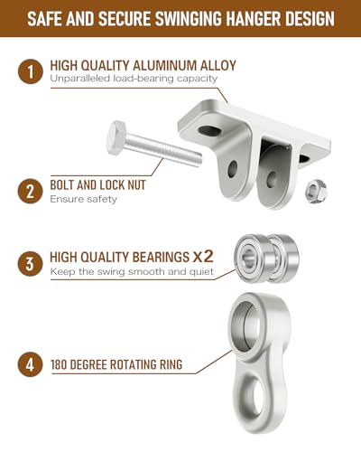 HUPBIPY Heavy Duty Porch Swing Hangers Kit, with Screws Bolts for Wooden Sets Playground Porch Patio Yoga Seat Indoor Outdoor Hanging Snap Hooks (2 Pack Silver) | Aluminum alloy construction, dual bearings, 5000-pound weight capacity, with snap hooks (2 P