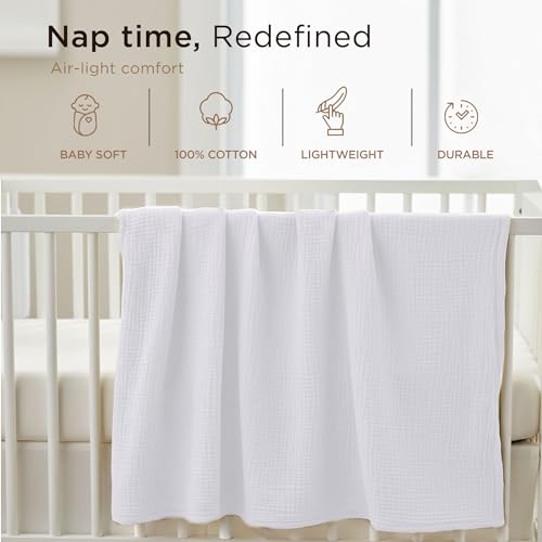 Threadmill Cotton Swaddle Blanket, Muslin, White, 4-Piece, 41x37 in, Unisex | 100% Cotton, Muslin Weave, 4-Piece Set, 41x37 in, Breathable, OEKO-TEX Certified, Machine Washable - color: White, size: Baby