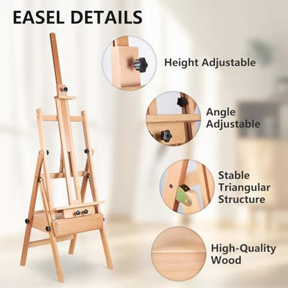 YOKUGO Beech Wood H-Frame Painting Easel with Storage Drawer, Natural | Heavy-duty Studio Easel, Adjustable Height & Angle Floor Easel Stand, Holds 30"-48" Canvas, Foldable Artist Easel for Adults - color: Natural
