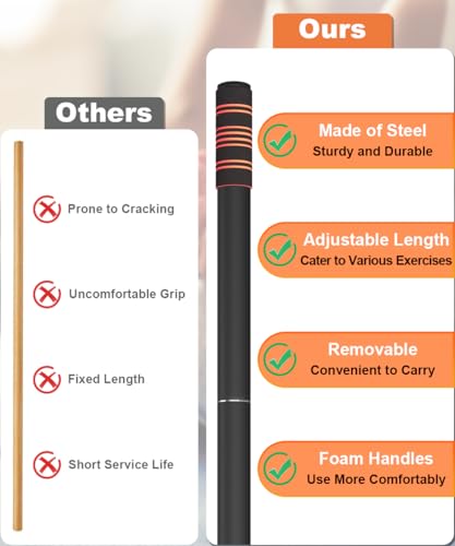 Queension 5ft Yoga Stick Adjustable Stretching Bar for Mobility & Balance | Heavy-Duty Steel Multi-Functional Fitness Pole with 4 Steel Rods & Comfort Foam Grips - color: Black