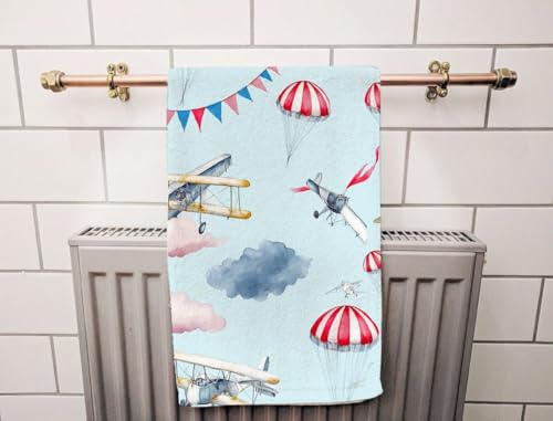 Airplane Hot Air Balloon Beach Towel Flags Garlands Clouds Parachute Face Towels Suit Travel Sports Pool Swimming Bath Camping Spa Gym Yoga,15x30 Inch - color: Airplane Hot Air Balloon