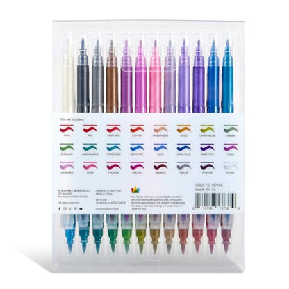 KINGART 24 Metallic Dual Tip Brush + Fine Markers - Easy for All Ages & Levels Pens for Card Making, Journaling, Scrapbooking, Fabric, Rock, Glass, DIY, Black Paper, Art Supplies, Halloween, Christmas