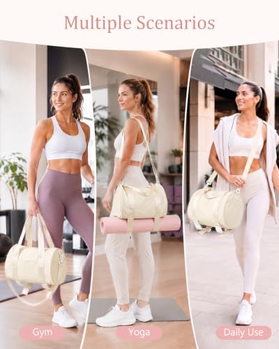 Small Gym Bag for Women, 11L Mini Duffle Bag with Shoe Compartment, Wet Pocket & Yoga Mat Holder, Lightweight Carry On Sport Bag for Gym, Yoga, Dance & Overnight Trips - Beige - color: Beige