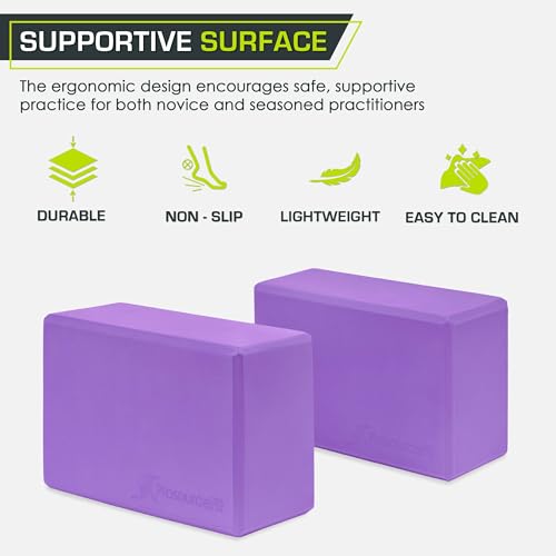 ProsourceFit Foam Yoga Blocks, High Density EVA Yoga Bricks 4”x 6” x 9” (Set of 2) - color: PURPLE