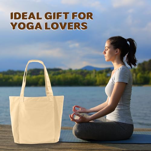 Yoga Mat Carrier, Gym Bag With Yoga Mat Holder, Women Canvas Tote With Shoulder Strap For Pilates, Travel, Office, Sports, Workout And Beach – Inner Zippered Pocket, Fits Standard And Small Mats - color: Beige