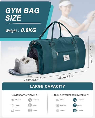 Gym Bags Womens Mens with Shoes Compartment and Wet Pocket Travel Duffel Bag for Women for Plane Sport Gym Tote Bags Swimming Yoga Waterproof Weekend Overnight Bag Carry on Bag Hospital Holdalls - color: A10-Peacock Blue