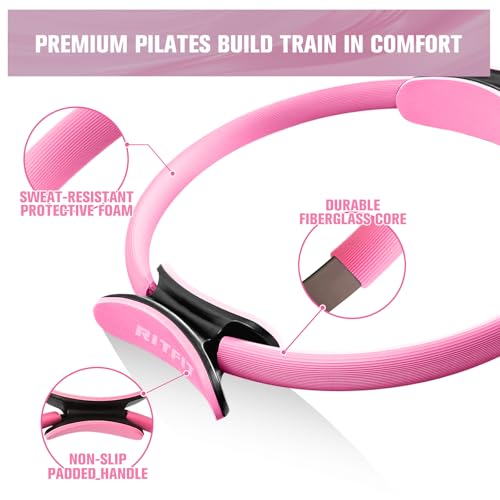 RitFit Pilates Ring 14 Inch Magic Fitness Circle for Inner Thigh Toning | Bonus Workout Guide & Storage Bag Included, Lightweight & Portable, Pilates Yoga Full Body Toning - style: Pink Kit