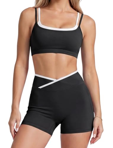 Layered Workout Sets for Women 2 Piece Matching Gym Yoga Set Pilates Outfit - color: Black, size: Medium