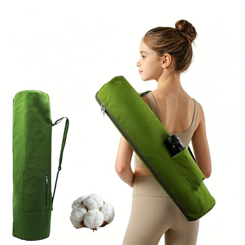 Cotton yoga mat bag with Pockets and Adjustable Strap - Full Zip Cargo Yoga Mat Carrier Bag - Bag for 1/4" 1/3" Thick Yoga Mat - color: Green, size: L