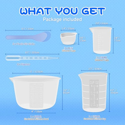 Silicone Resin Mixing Measuring Cups for Resin Supplies, 600ml/20oz Bowl, 250 & 100ml Thickened Reusable Silicone Cups for Epoxy Mixing, with Stir Sticks and Pipettes, Jewelry Making - size: 600+250+3*100ml (Transparent Marks)