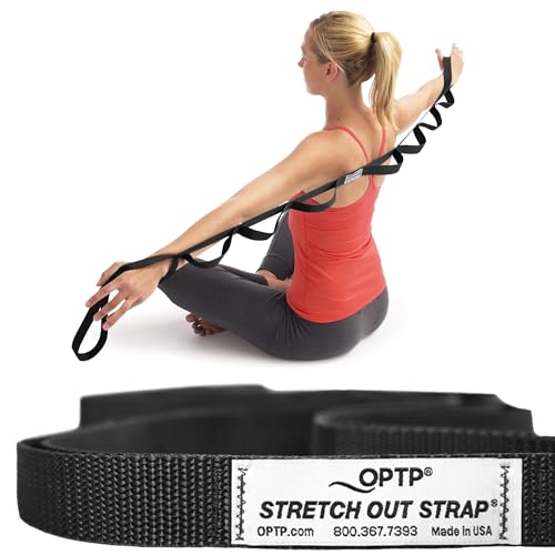 OPTP The Original Stretch Out Strap XL with Exercise Book, Made in the USA | Stretch Out Strap for physical therapy, yoga stretching strap or knee therapy strap, 10 loops, 7'5" long durable woven strap