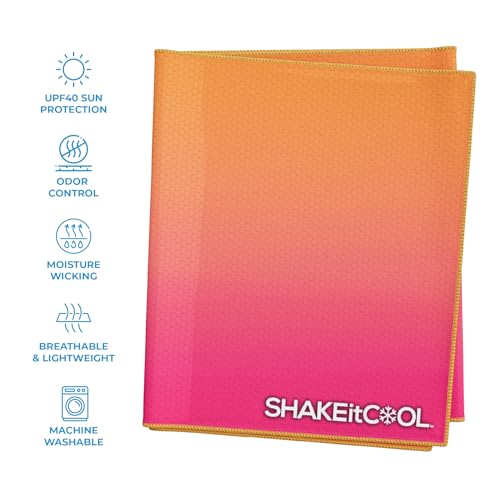 SHAKEitCOOL Extended Size Cooling Towel – Be Cool in Style - Heat Relief, Soft, Lightweight, Sun Protection, Easy Clean - Perfect for Biking, Hiking, Running, Yoga, Golf - Pink Orange Ombre M - color: Pink Orange Ombre