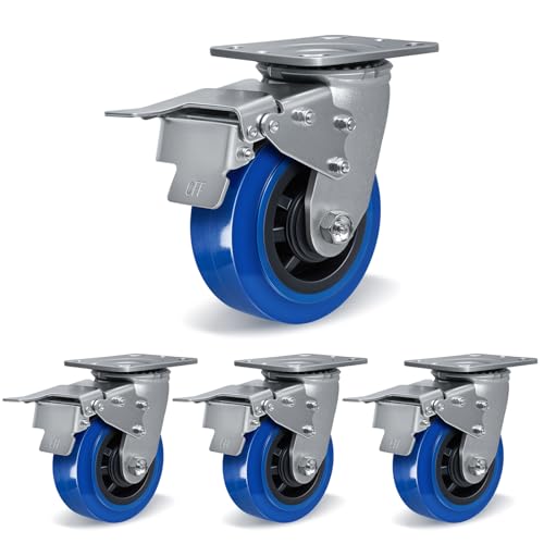 5'' X 2'' Casters, Heavy Duty Caster Wheels with Brake, Industrial Swivel Casters Set of 4 with Load 3200lbs, Polyurethane on Polyolefin Core with Roller Bearing (4 Total Lock Brake) - style: 4 Total Lock Brake
