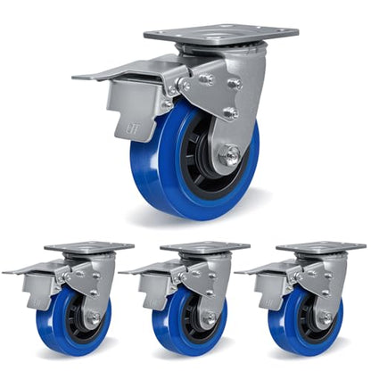 5'' X 2'' Casters, Heavy Duty Caster Wheels with Brake, Industrial Swivel Casters Set of 4 with Load 3200lbs, Polyurethane on Polyolefin Core with Roller Bearing (4 Total Lock Brake) - style: 4 Total Lock Brake
