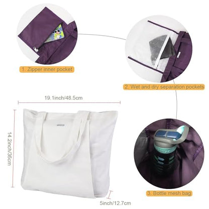 Yoga Mat Bag for Women, Pure Cotton Canvas Yoga Tote with Wet/Dry Pocket, Bottle Holder & Inner Zipper Pocket, Yoga Mat Carrier Bag for Pilates, Gym, Travel, Beach - color: White