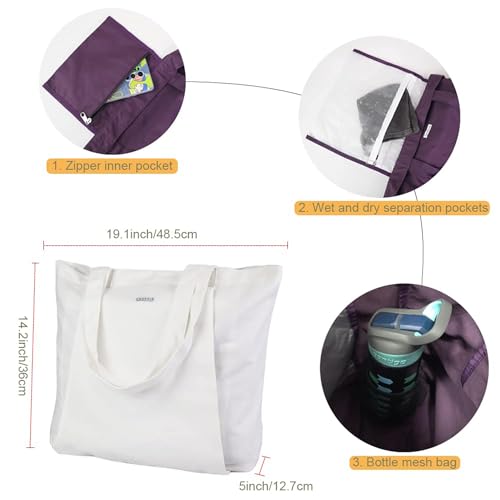 Yoga Mat Bag for Women, Pure Cotton Canvas Yoga Tote with Wet/Dry Pocket, Bottle Holder & Inner Zipper Pocket, Yoga Mat Carrier Bag for Pilates, Gym, Travel, Beach - color: White