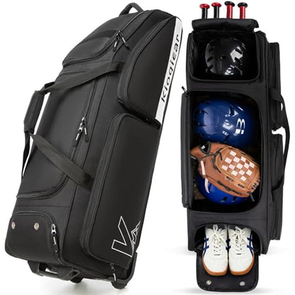 Catchers Gear Bag with Wheels for 4 Bats, 80L Rolling Baseball Bag - color: Black