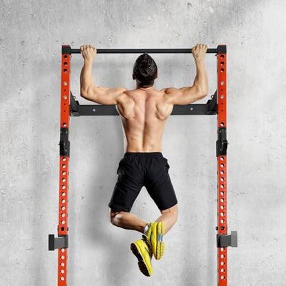 RitFit 2.36'' x 2.36'' Folding Squat Rack for Home Gym, Wall Mounted Squat Rack with Attachments - Space Saving Squat Power Rack - color: Orange, style: Folding Squat Rack with Safebar