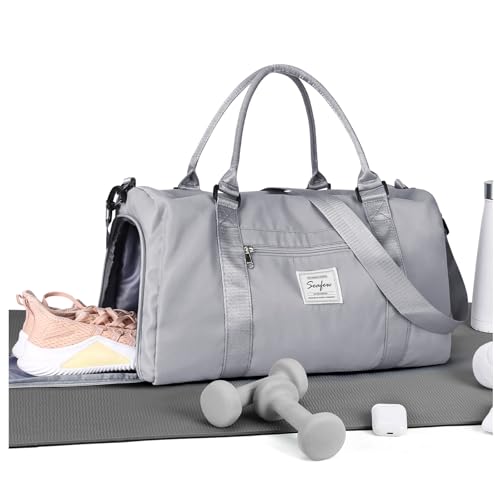 Gym Bag Womens Mens with Shoes Compartment and Wet PocketTravel Duffel Bag for Women for Plane, port Gym Tote Bags Swimming Yoga Small Waterproof Weekend Overnight Carry on Bag Hospital Holdalls - color: A22-Grey