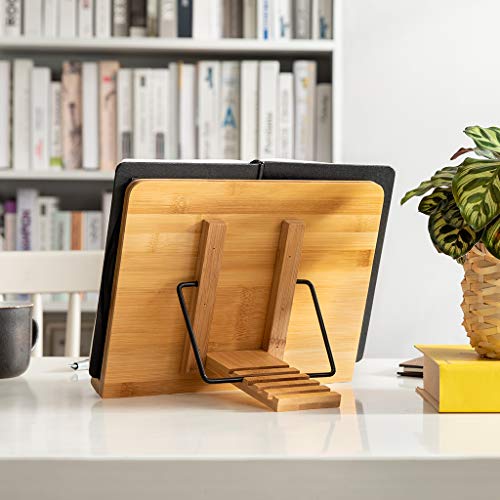 wishacc Bamboo Book Stand for Reading, 13.2" x 9.2" Premium Wooden Cookbook Holder and Recipe Stand for Kitchen Counter, Foldable Adjustable Desk Easel with 5 Angles for Textbooks, Sheet Music, Tablet - size: 13.2 x 9.2 inches