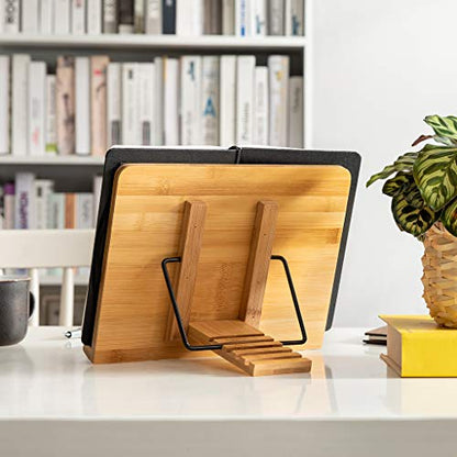 wishacc Bamboo Book Stand for Reading, 13.2" x 9.2" Premium Wooden Cookbook Holder and Recipe Stand for Kitchen Counter, Foldable Adjustable Desk Easel with 5 Angles for Textbooks, Sheet Music, Tablet - size: 13.2 x 9.2 inches