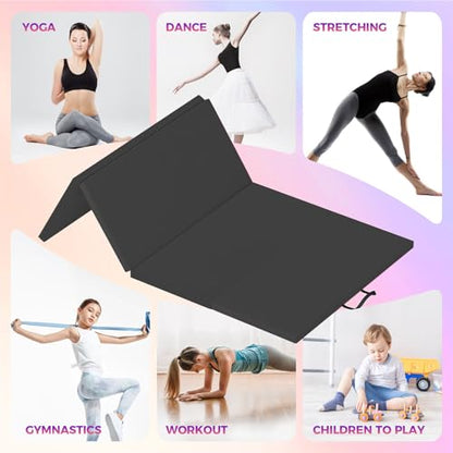 Superior Thick Folding Gymnastics Mat - 6.2x2.6ft, 2-Inch Foam, 5-Panel High-Density Exercise Tumbling Pad with Leather Surface, Carry Handles, Home Gym, Yoga, Pilates, Aerobics, Martial Arts - color: Black, size: 6 x 2 ft Four-Fold