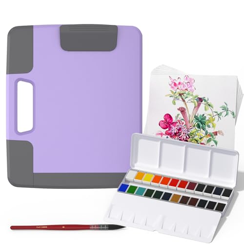 Travel Watercolor Paint Set, Watercolor Set Includes 24 Colors Solid Watercolors + 7.5x7.5 inch 50% Cotton Watercolor Paper(20 Sheets) + 1 Watercolor Brush + Purple Handheld Organizer - color: 24 Colors, style: Purple Handheld Organizer