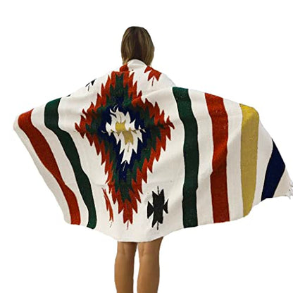 Open Road Goods Aztec Navajo Style Blanket, Throw, or Yoga Bolster - Handwoven Mexican Diamond Blanket (White Fiesta Blanket) - color: White Fiesta Blanket